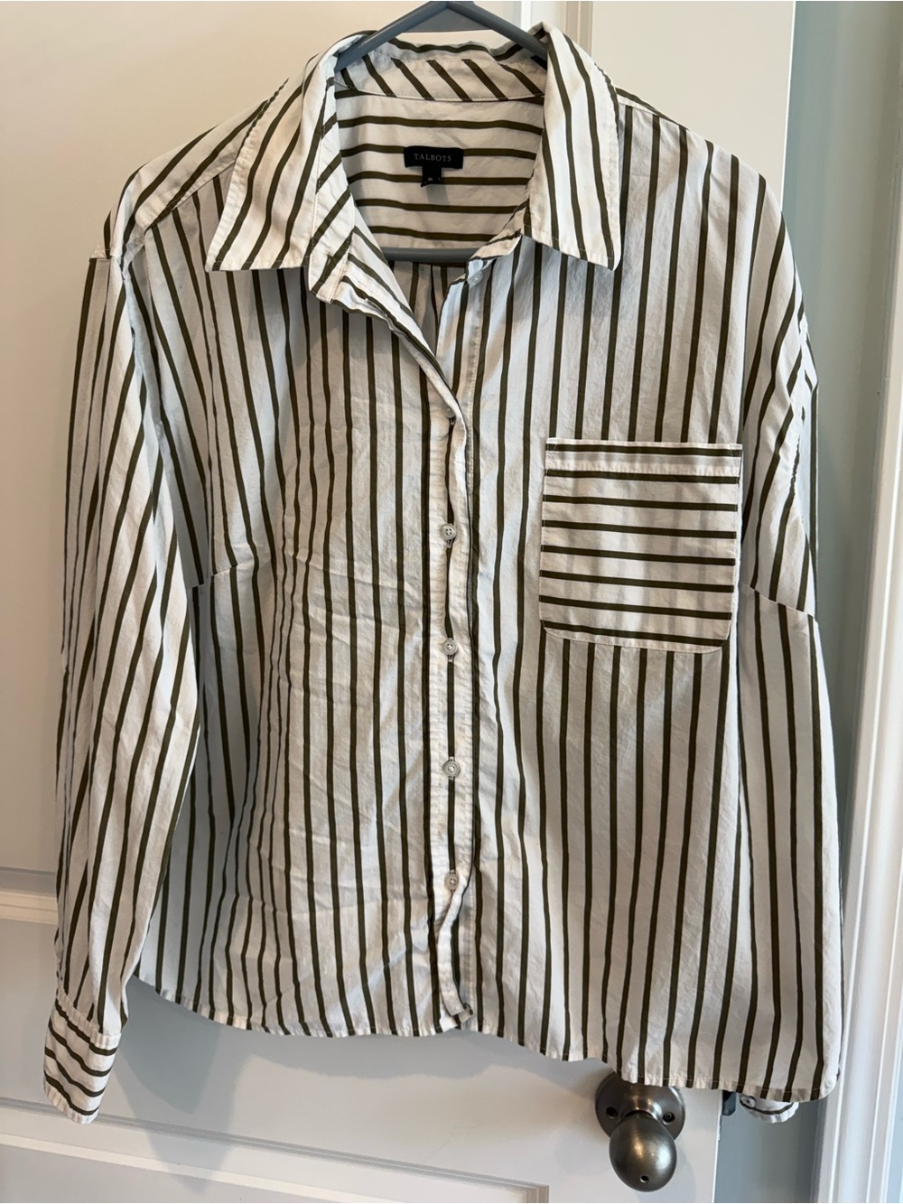 Talbots White Button-Front Shirt with Black Vertical Stripes